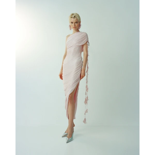 One-Shoulder Pleated Silk Gown With Petals And Slit