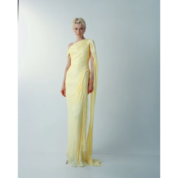 Asymmetrical Pleated Silk Gown With Fringes And One-Shoulder Cape