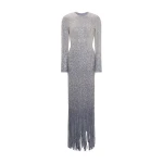 Marmar Halim Long-Sleeved Beaded Stone Gown With Strip Cuts Down
