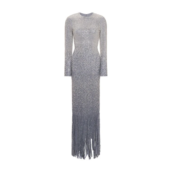 Marmar Halim Long-Sleeved Beaded Stone Gown With Strip Cuts Down