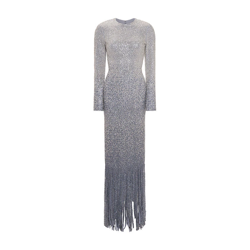 Marmar Halim Long-Sleeved Beaded Stone Gown With Strip Cuts Down Marmar Halim Long-Sleeved Beaded Stone Gown With Strip Cuts Down