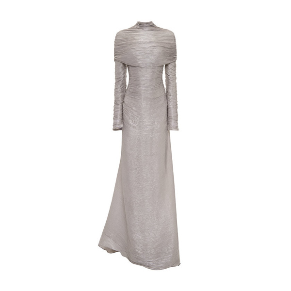Marmar Halim Long-Sleeved Pleated Gown With Detachable Cape