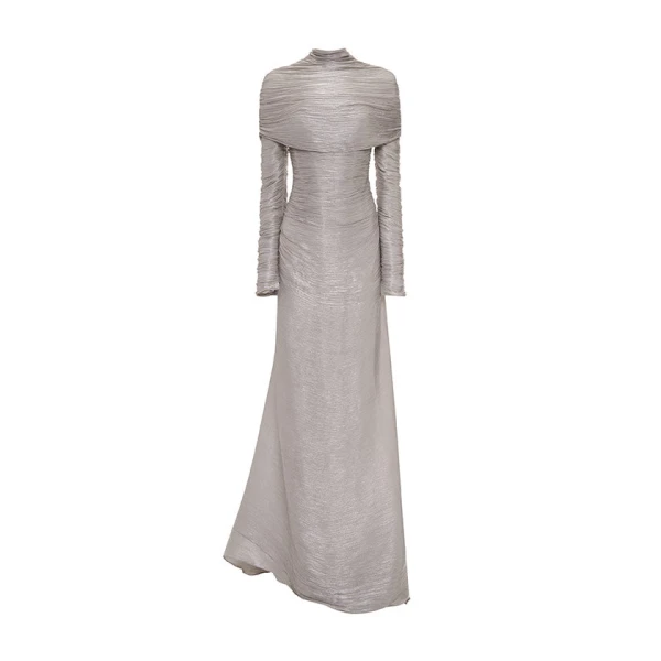 Marmar Halim Long-Sleeved Pleated Gown With Detachable Cape