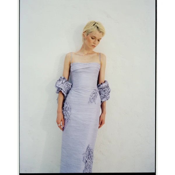 Strappy Pleated Taffeta Gown With Embroidery