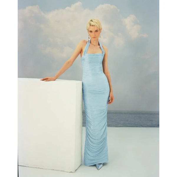 Pleated Halter Silk Gown With Corset