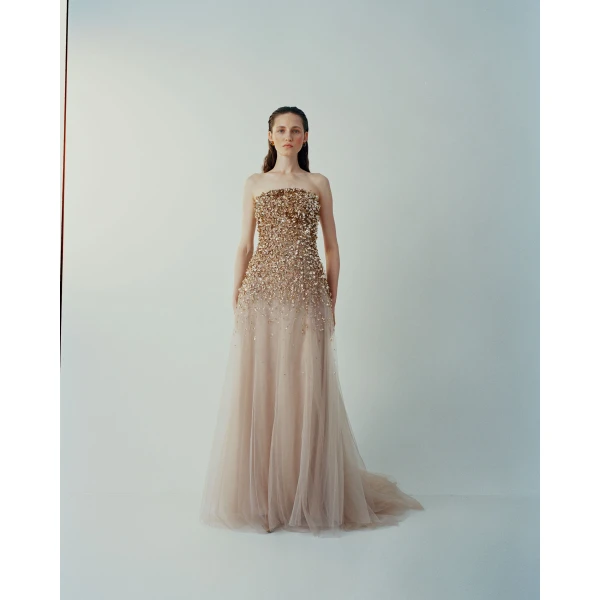 Strapless Gold Embroidered Gown With Tulle Bottom