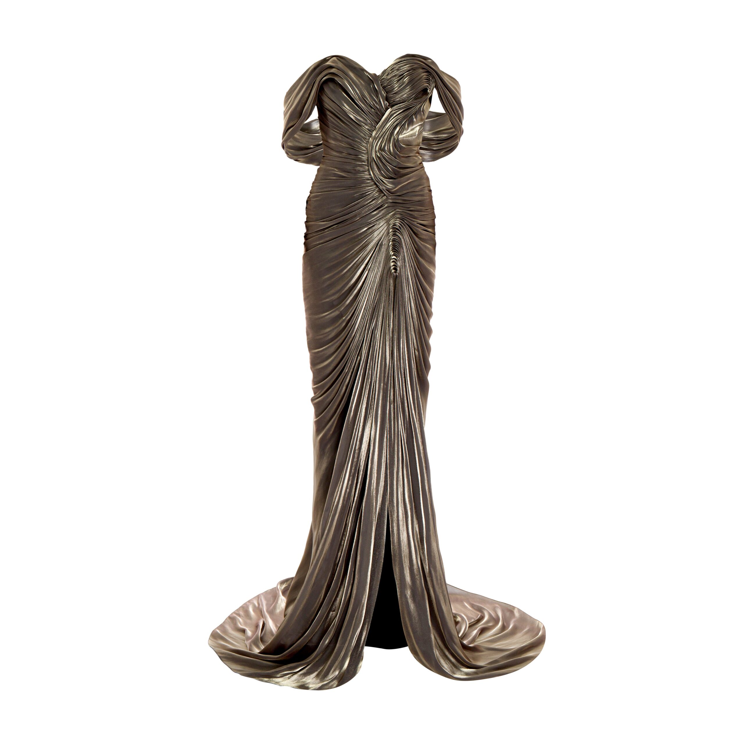 Marmar Halim Off-Shoulder Draped Satin-Like Gown With Slit Marmar Halim Off-Shoulder Draped Satin-Like Gown With Slit