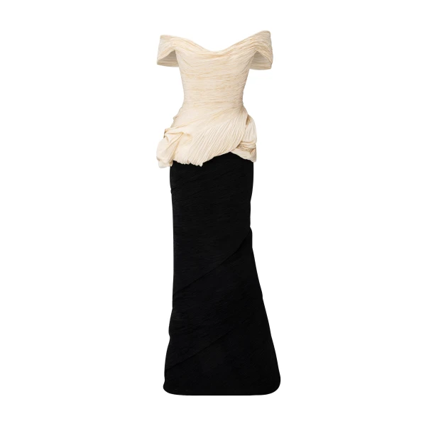 Off-Shoulder Pleated Taffeta Fish-Cut Dress