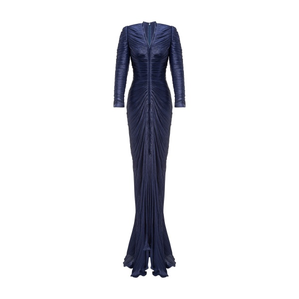 Marmar Halim Pleated Silk Dress in Navy Blue