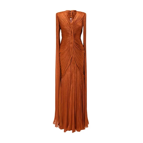 Marmar Halim Pleated Silk Dress in Orange