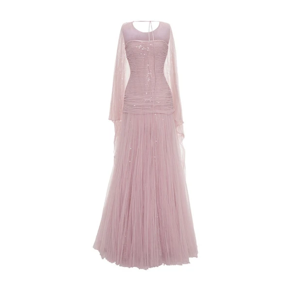 Pleated Tulle And Sequins Strappless Gown
