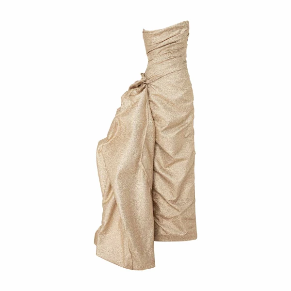 Marmar Halim Strapless Brocade Draped With Detachable Over Skirt Dress