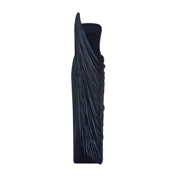 Marmar Halim Strapless Crepe Dress With Pleated Satin Cape And Embroidery Brooch