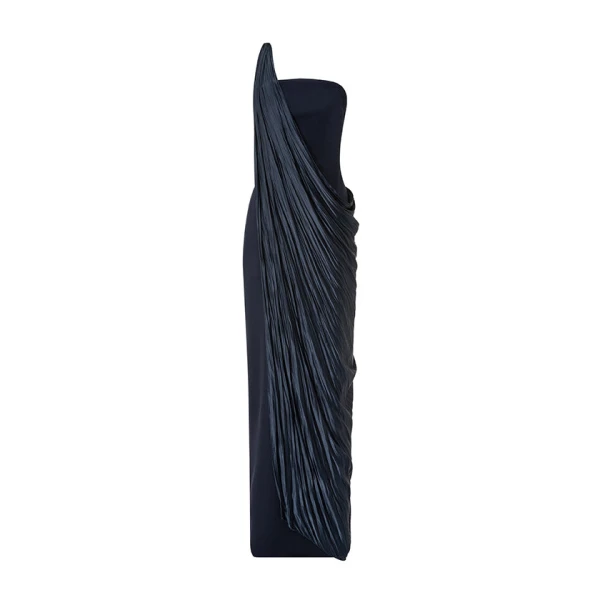 Strapless Crepe Dress With Pleated Satin Cape And Embroidery Brooch