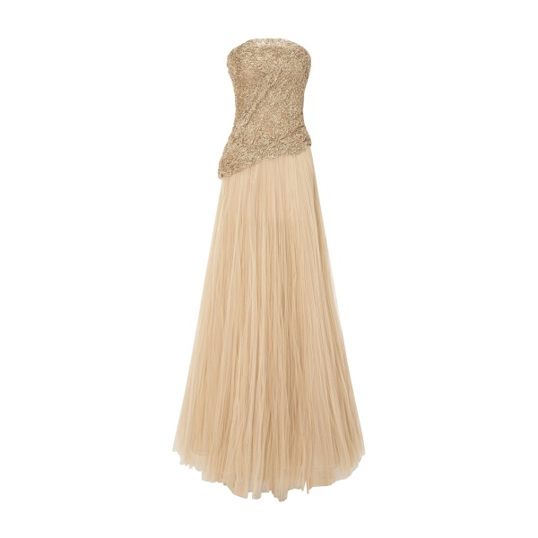 Marmar Halim Strapless Embroidered Dress With A-Line Cut Pleated Tulle