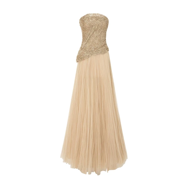Strapless Embroidered Dress With A-Line Cut Pleated Tulle