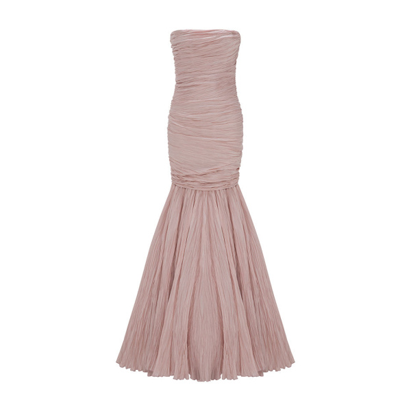 Marmar Halim Strapless Fish-Cut Hand Pleated Taffeta Dress With Cape