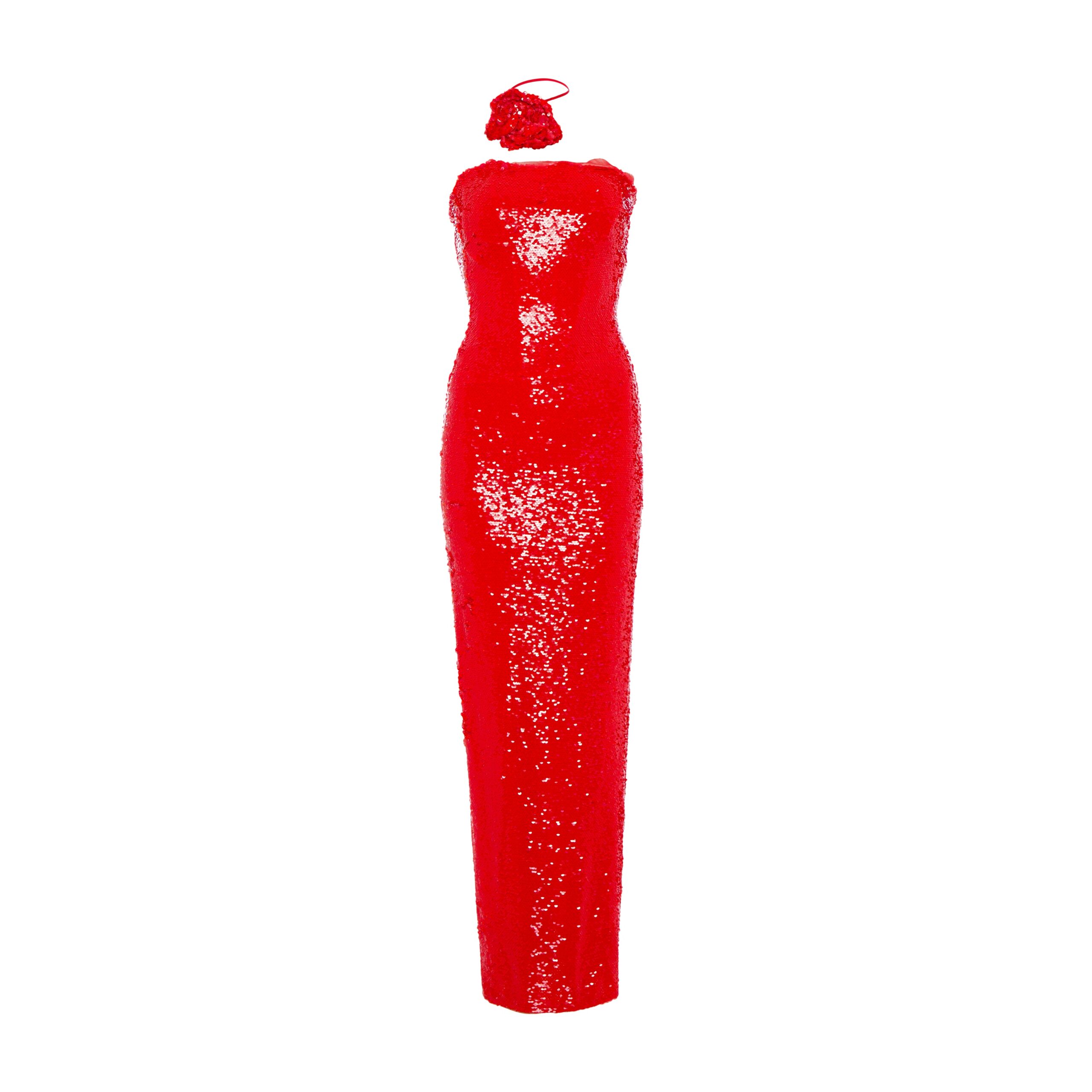 Marmar Halim Strapless Full Payette Fitted Gown With Flower Neck Piece Marmar Halim Strapless Full Payette Fitted Gown With Flower Neck Piece