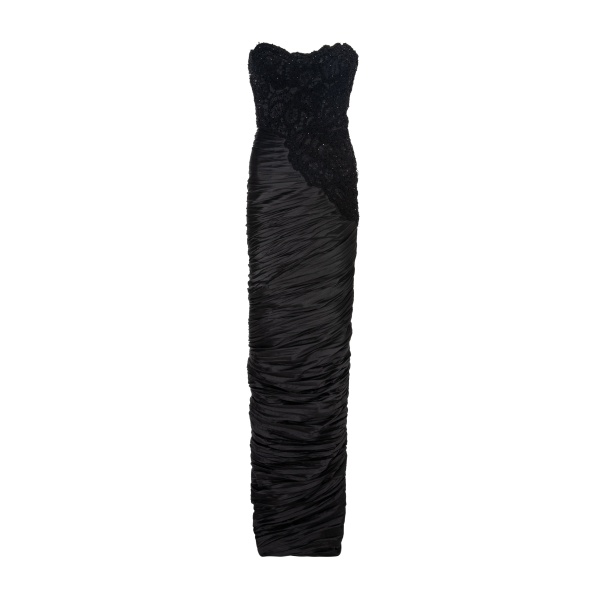Marmar Halim Strapless Hand Pleated Draped Taftah Dress