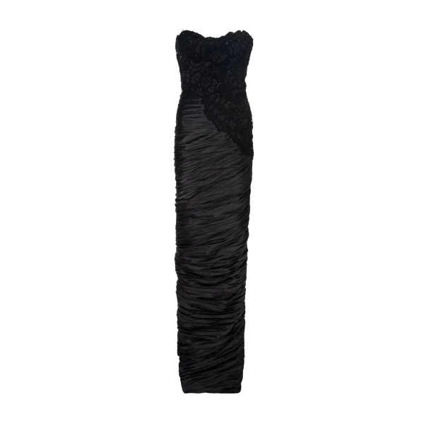 Marmar Halim Strapless Hand Pleated Draped Taftah Dress