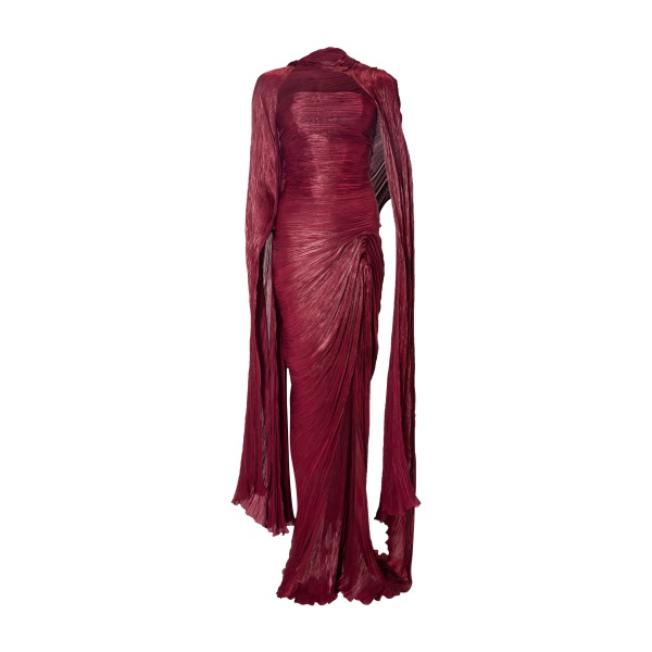Marmar Halim Strapless Hand-Pleated Satin-Like Draped Dress With Slit And Cape