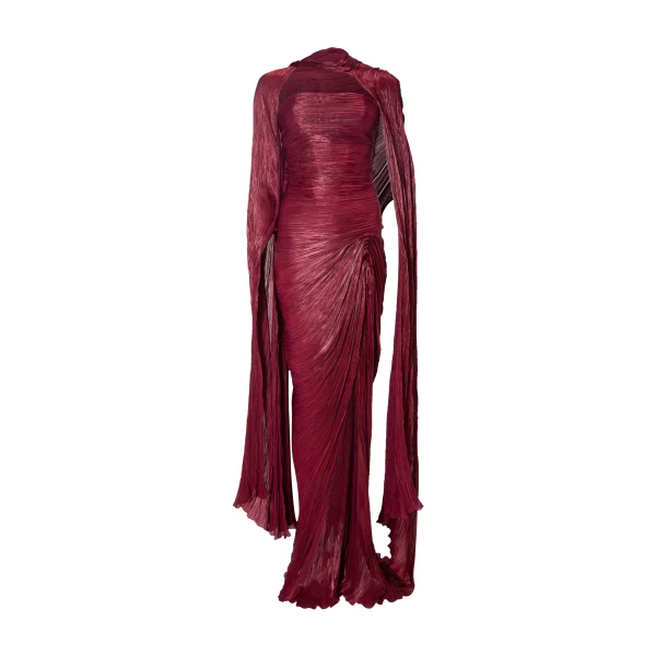Marmar Halim Strapless Hand-Pleated Satin-Like Draped Dress With Slit And Cape