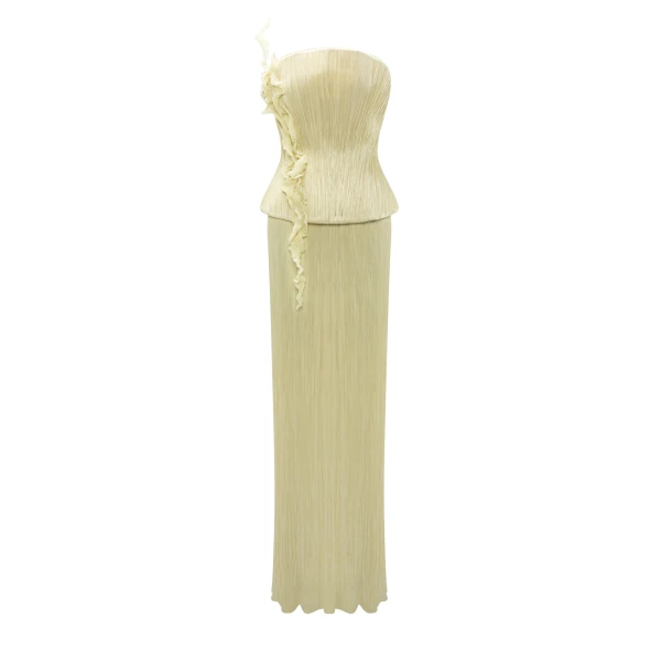 Marmar Halim Strapless Hand Pleated Silk Dress With Embroidery