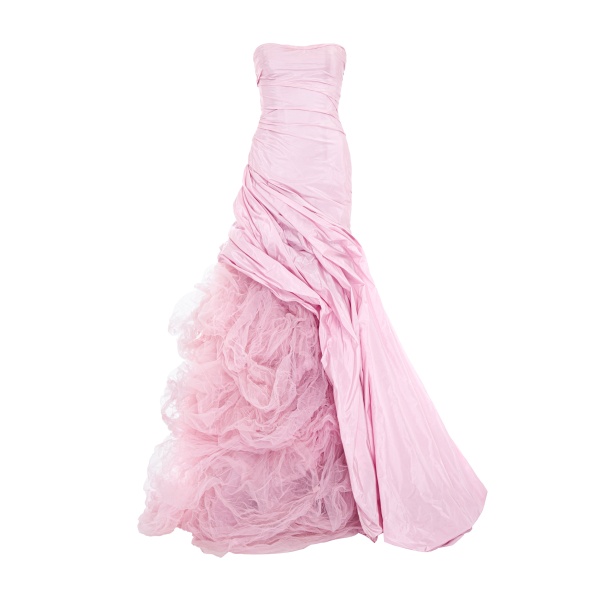 Marmar Halim Strapless Italian Tafeta Draped Gown With Hand Pleated Tulle Underneath