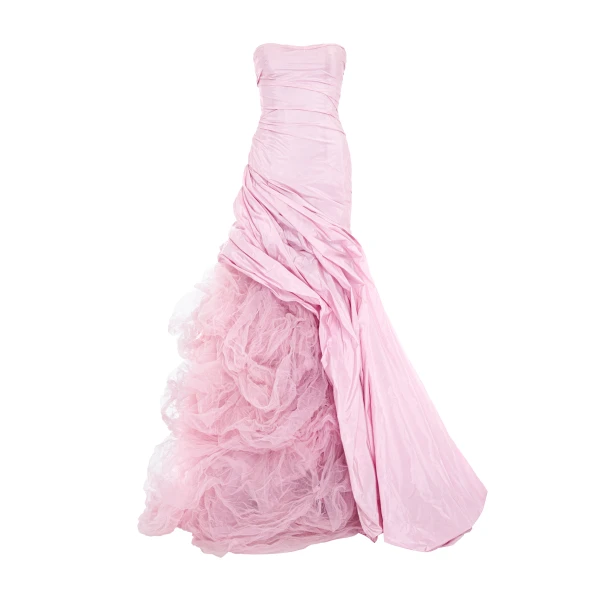 Marmar Halim Strapless Italian Tafeta Draped Gown With Hand Pleated Tulle Underneath