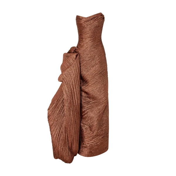 Marmar Halim Strapless Pleated Jacquard Lurex Dress With Over Skirt And Cape