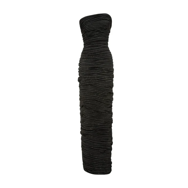 Strapless Pleated Print Satin Dress With Detachable Cape
