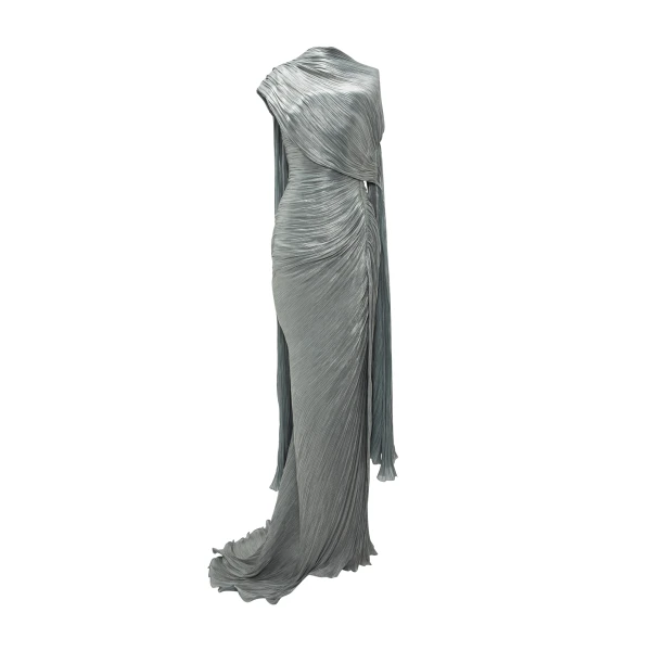 Marmar Halim Strapless Pleated Silk Dress With Cape