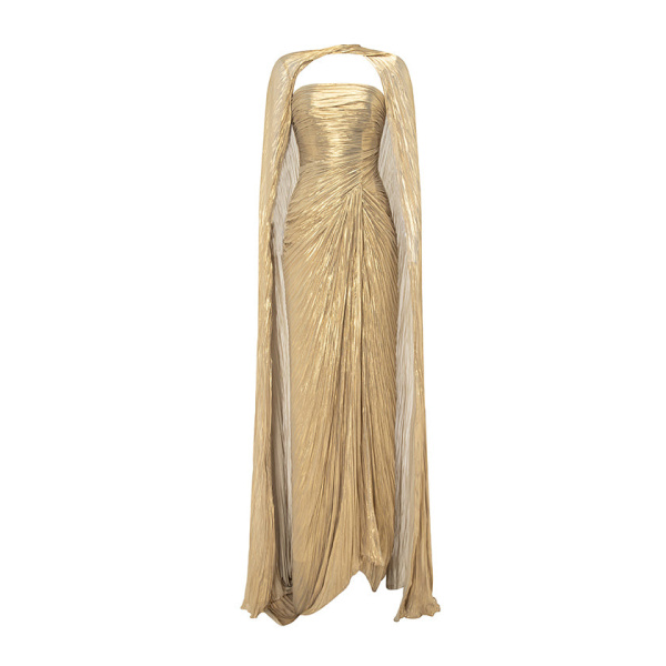 Marmar Halim Strapless Pleated Silk Dress With Slit And Detachable Cape