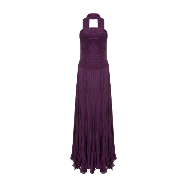 Strapless Pleated Silk Georgette Dress With Cape