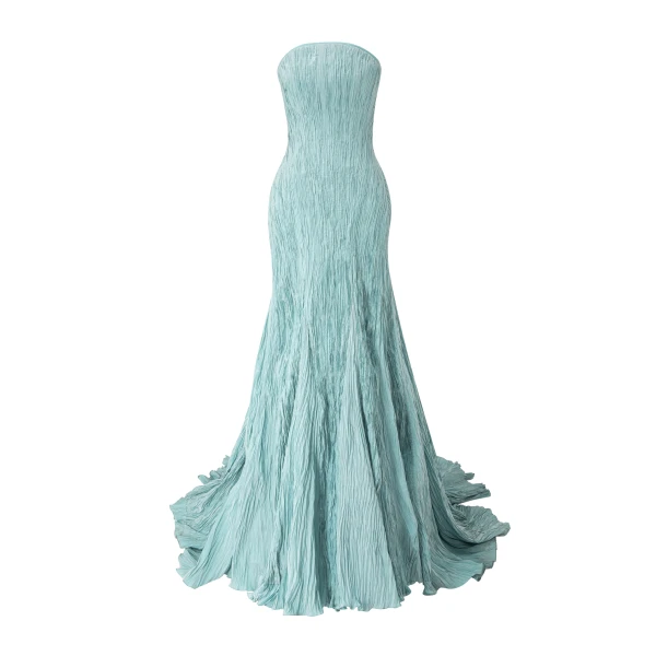 Strapless Pleated Taffeta Fish-Cut Dress