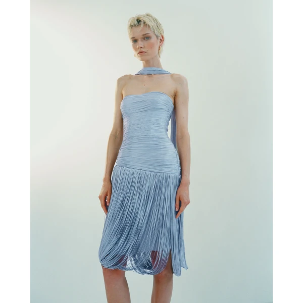 Strapless Pleated Silk Midi With Corset And Fringes