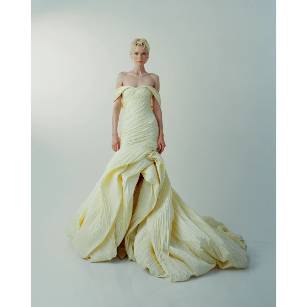 Off-Shoulder Pleated Taffeta Fish-Cut Gown