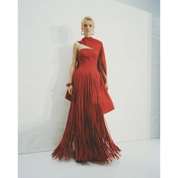 Strapless Laser-Cut Crepe Gown With Corset And Cape