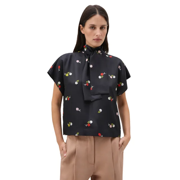 Duo Bud Print Tie Neck Top