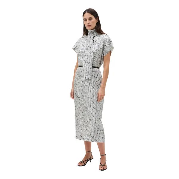 Tweed Print Tie Neck Dress