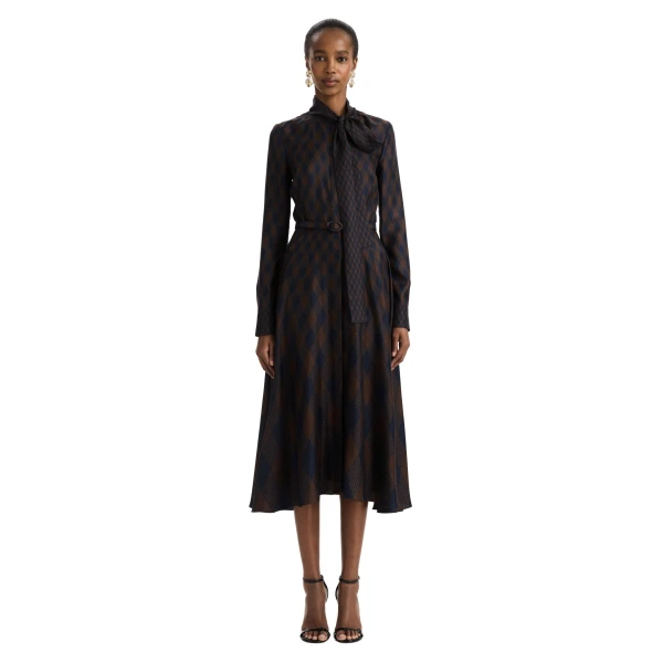 Oscar de la Renta Argyle Silk Twill Tie Neck Dress