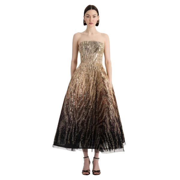Oscar de la Renta Beaded Sequin Moiré Ombré Tea Length Gown