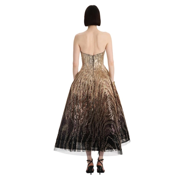 Oscar de la Renta Beaded Sequin Moiré Ombré Tea Length Gown