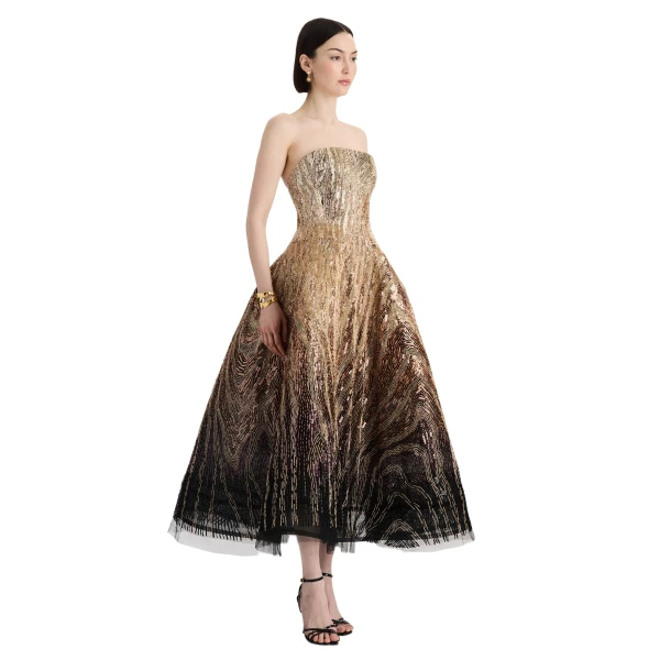 Oscar de la Renta Beaded Sequin Moiré Ombré Tea Length Gown