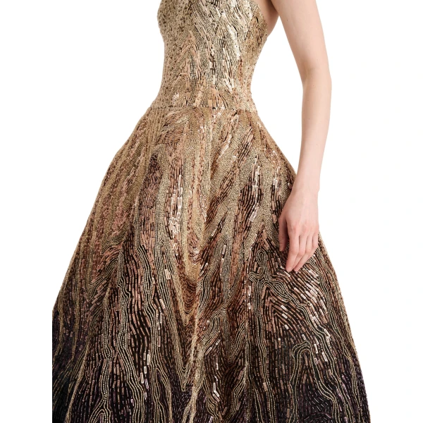Oscar de la Renta Beaded Sequin Moiré Ombré Tea Length Gown