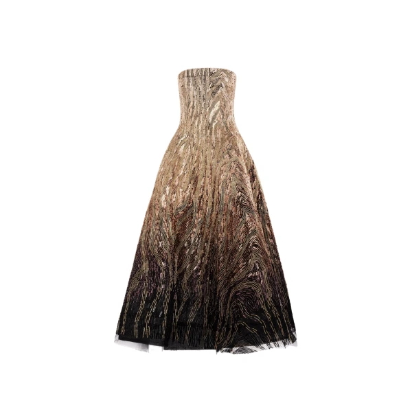 Beaded Sequin Moiré Ombré Tea Length Gown