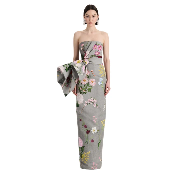 Oscar de la Renta Mixed Botanical Drape-Detailed Faille Gown