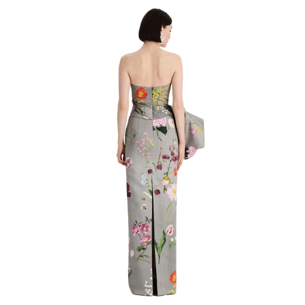 Oscar de la Renta Mixed Botanical Drape-Detailed Faille Gown