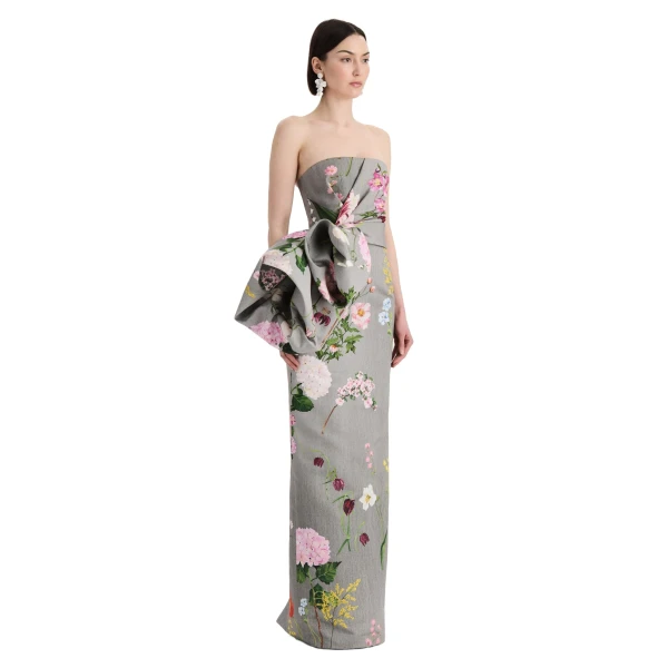 Oscar de la Renta Mixed Botanical Drape-Detailed Faille Gown
