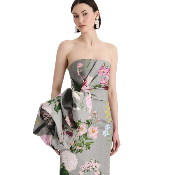Oscar de la Renta Mixed Botanical Drape-Detailed Faille Gown